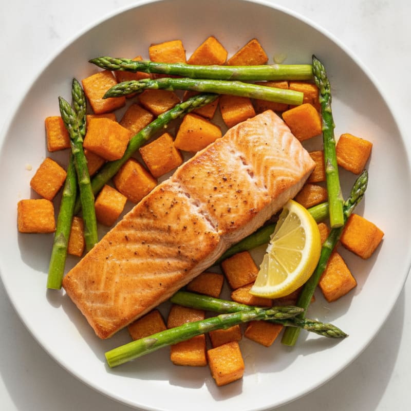 Seared Salmon with Roasted Sweet Potato and Asparagus