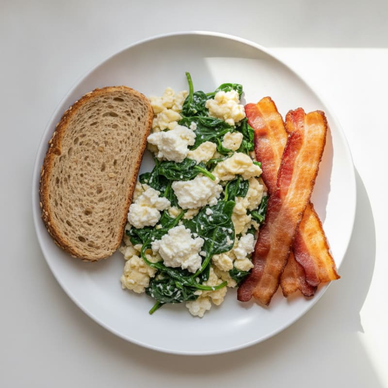 Egg White and Spinach Scramble with Cottage Cheese and Turkey Bacon