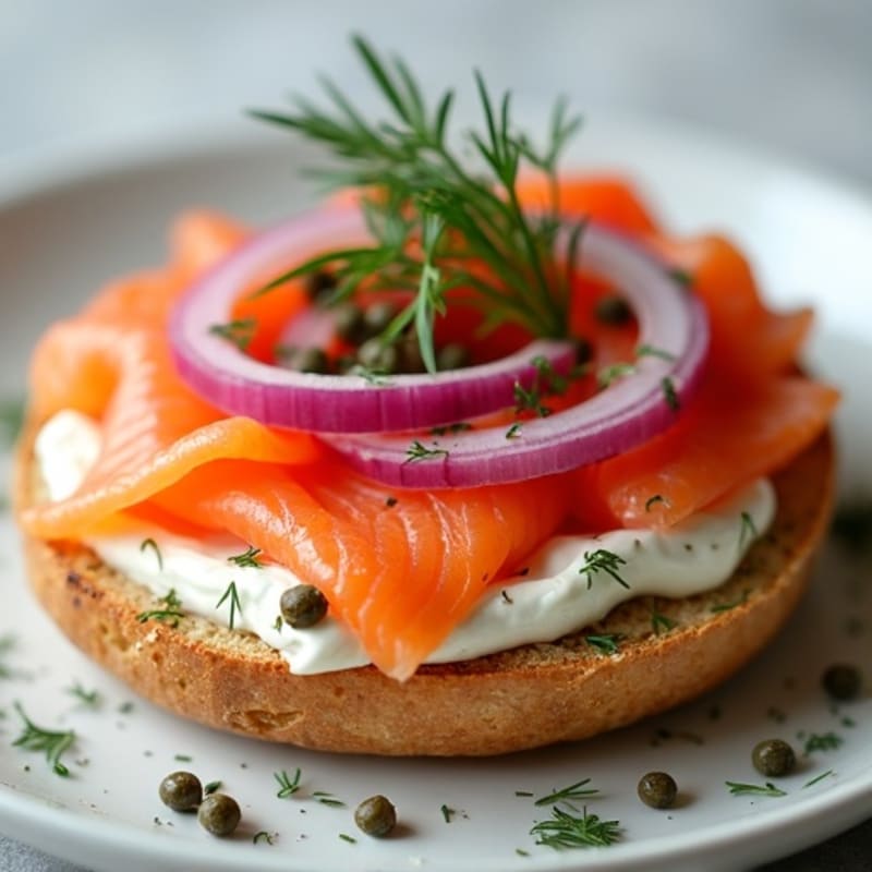 Open-Face Smoked Salmon with Herbed Cream Cheese on Toasted Everything Bagel