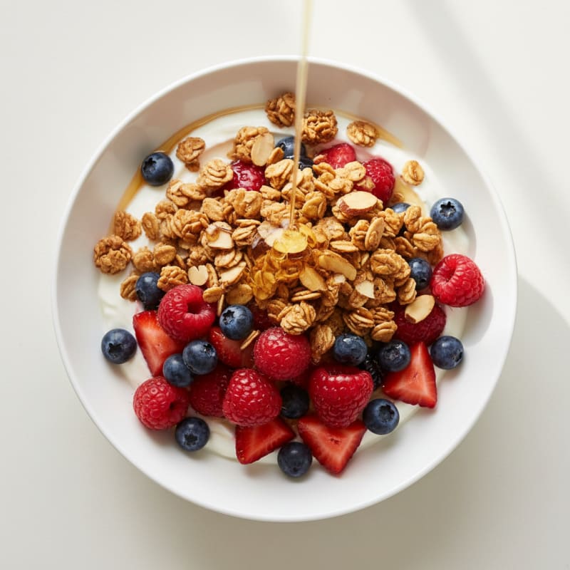 Greek Yogurt Parfait with Crunchy Almond Granola and Mixed Berries