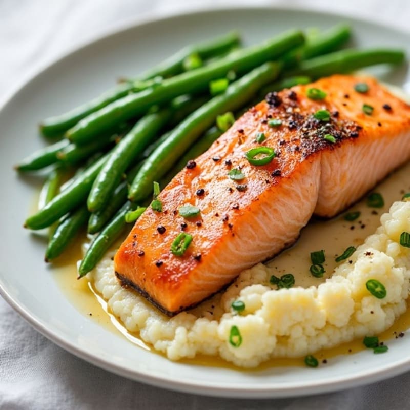 Seared Salmon with Garlic Green Beans and Cauliflower Mash