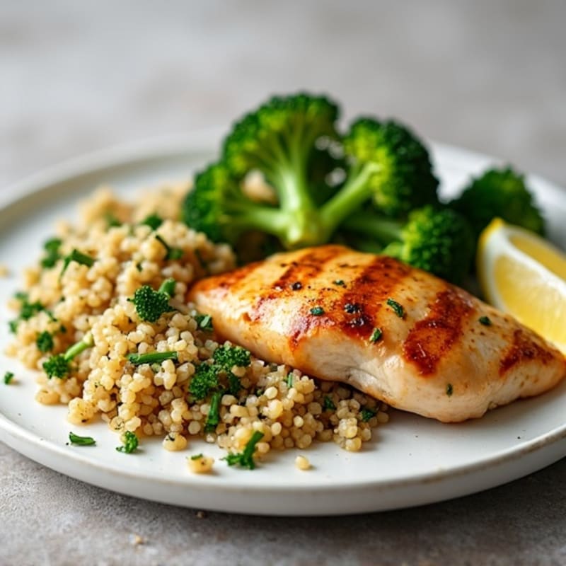 Grilled Chicken Breast with Roasted Broccoli and Quinoa Salad