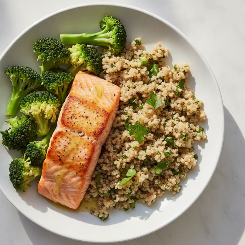 Seared Salmon with Steamed Broccoli and Herb Quinoa