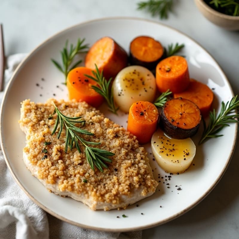 Herb-Crusted Pan Seared Chicken with Roasted Root Vegetables