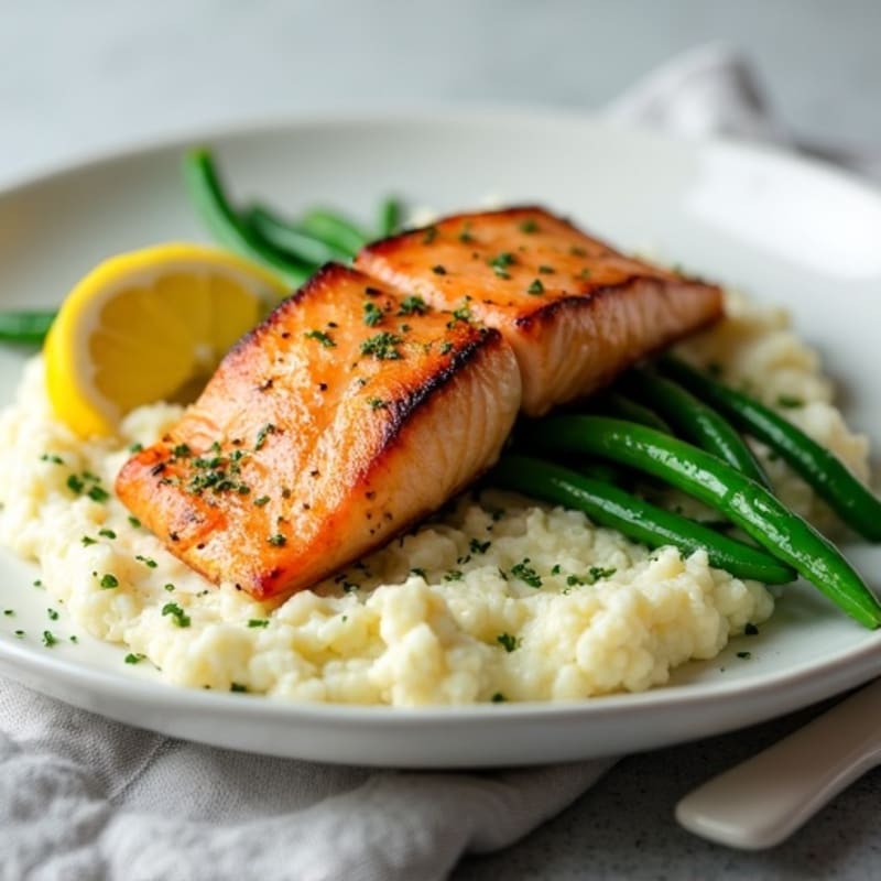 Seared Salmon with Garlic Green Beans and Cauliflower Mash