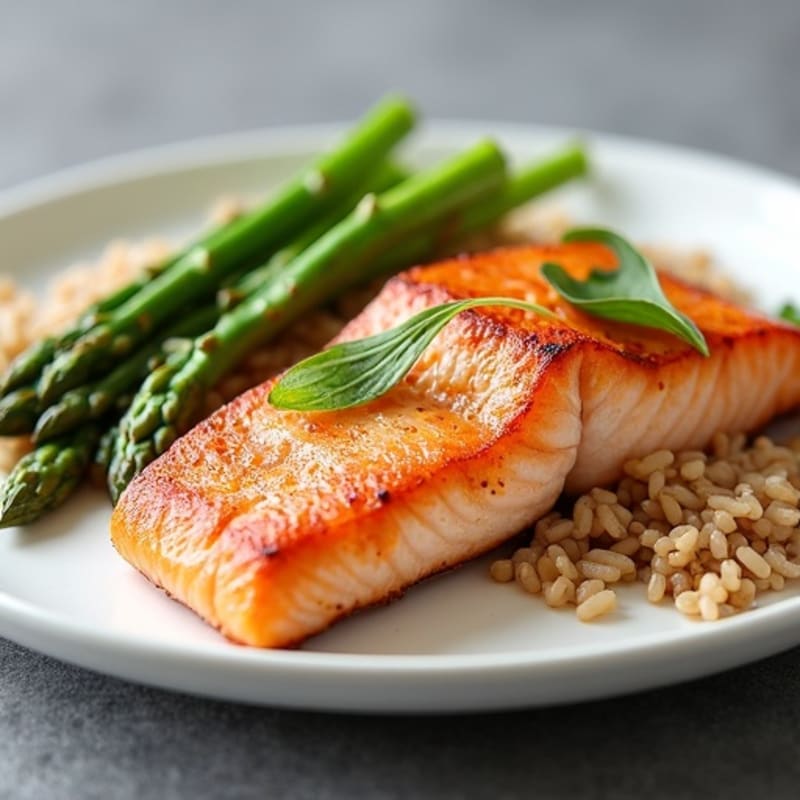 Seared Salmon Fillet with Steamed Asparagus and Brown Rice