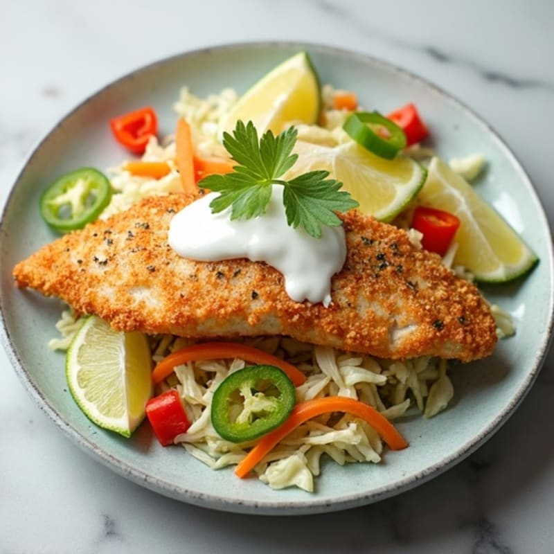 Crispy Baked White Fish with Fresh Cabbage Slaw and Creamy Lime Dressing