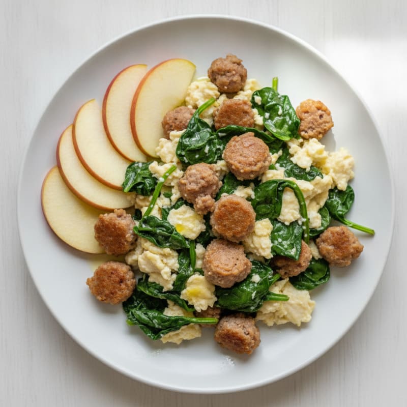 Scrambled Egg Whites with Turkey Sausage and Sautéed Spinach