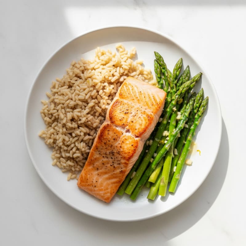 Seared Salmon with Lemon Garlic Asparagus and Brown Rice