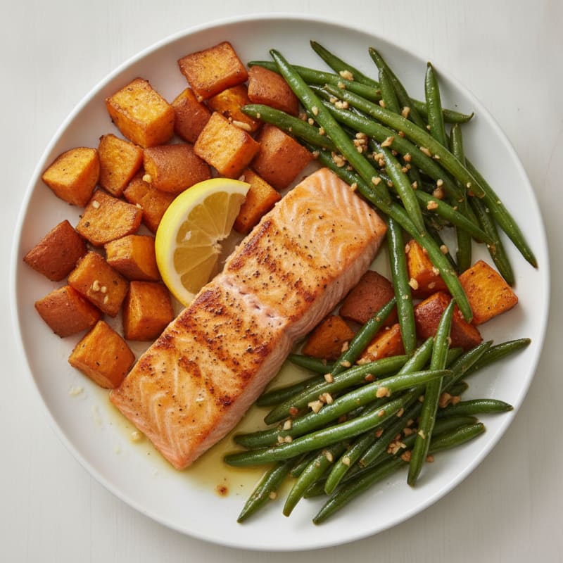 Seared Salmon with Roasted Sweet Potato and Garlic Green Beans