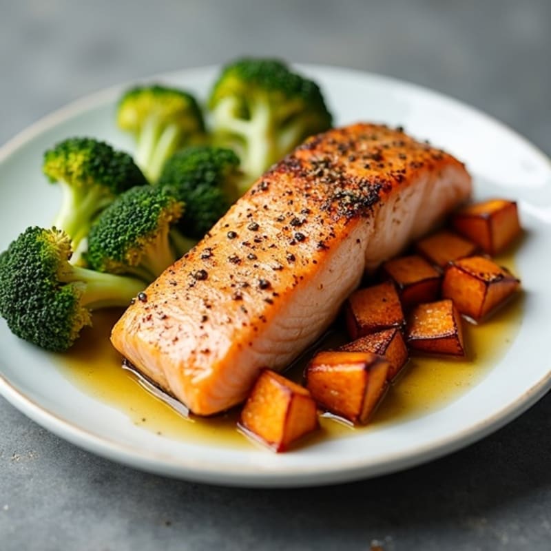 Flaky Baked Salmon with Roasted Broccoli and Sweet Potatoes