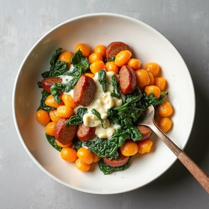 Sweet Potato Gnocchi with Seared Chicken Sausage, Garlicky Spinach, and a Light Creamy Sauce