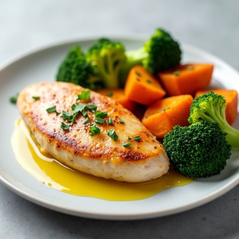 Seared Chicken Breast with Roasted Sweet Potatoes and Steamed Broccoli