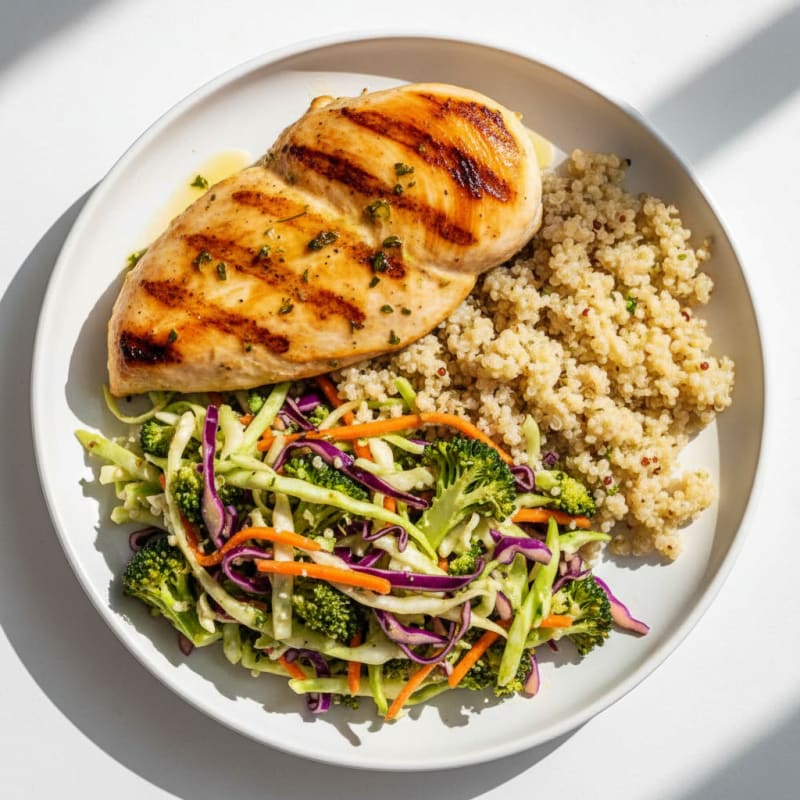 Grilled Chicken Breast with Crunchy Broccoli Slaw and Quinoa