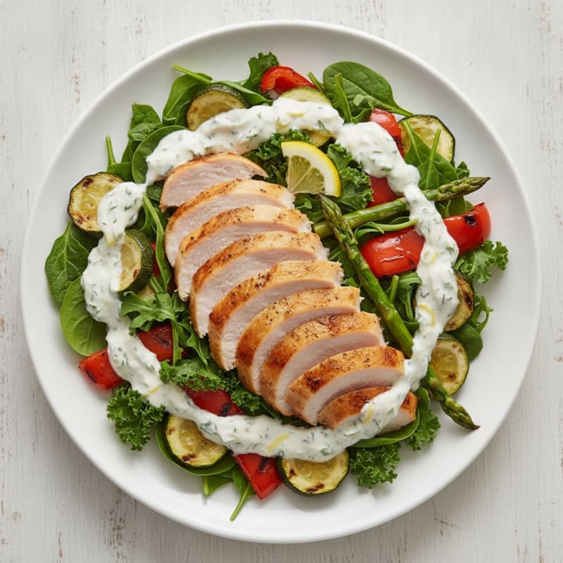 Turkey Breast Salad with Roasted Vegetables and Greek Yogurt Dressing