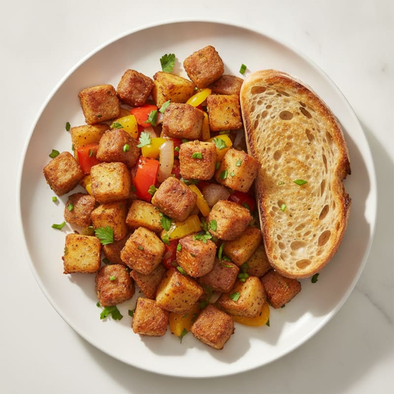Crispy Chicken Sausage and Potato Hash with Toasted Bread