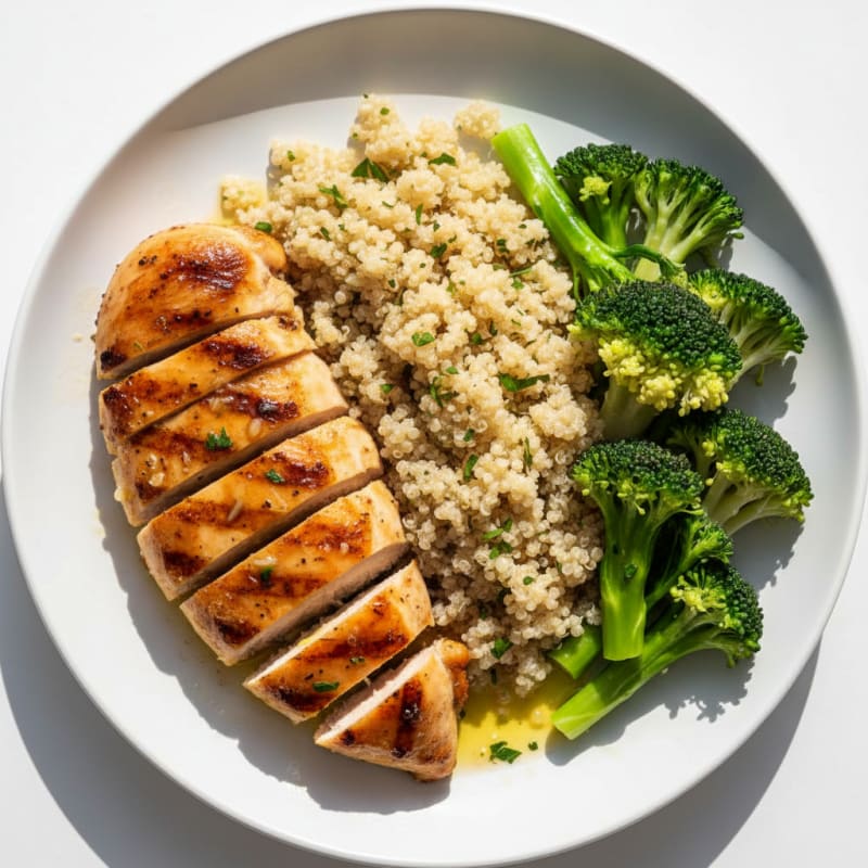 Grilled Lemon-Garlic Chicken Breast with Quinoa and Steamed Broccoli