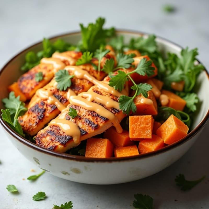Creamy Buffalo Chicken Bowl with Roasted Sweet Potatoes and Fresh Greens