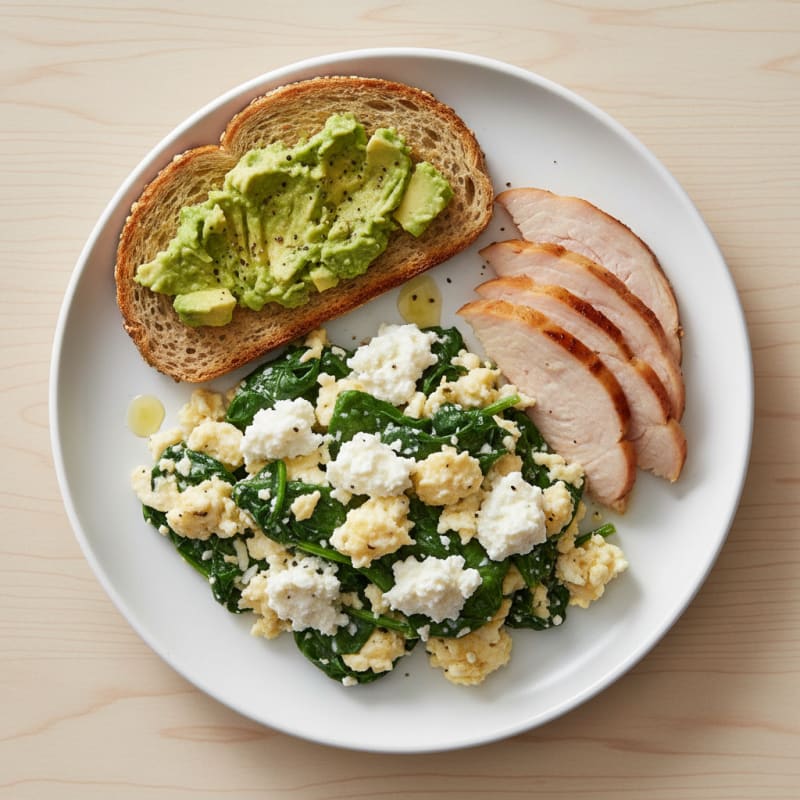 Egg White Spinach Scramble with Cottage Cheese and Sliced Turkey