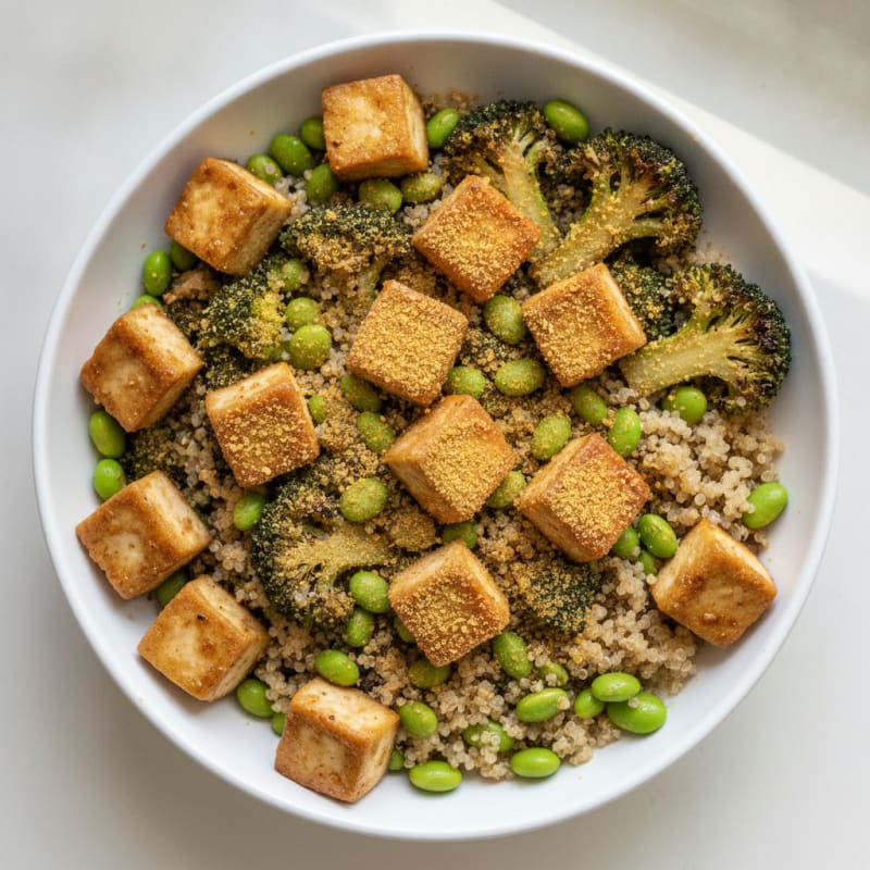 Crispy Tofu and Quinoa Bowl with Roasted Broccoli and Edamame