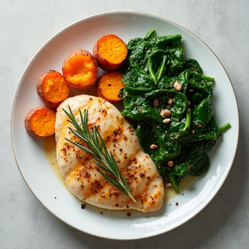 Herb-Roasted Chicken with Sweet Potato and Wilted Garlic Spinach