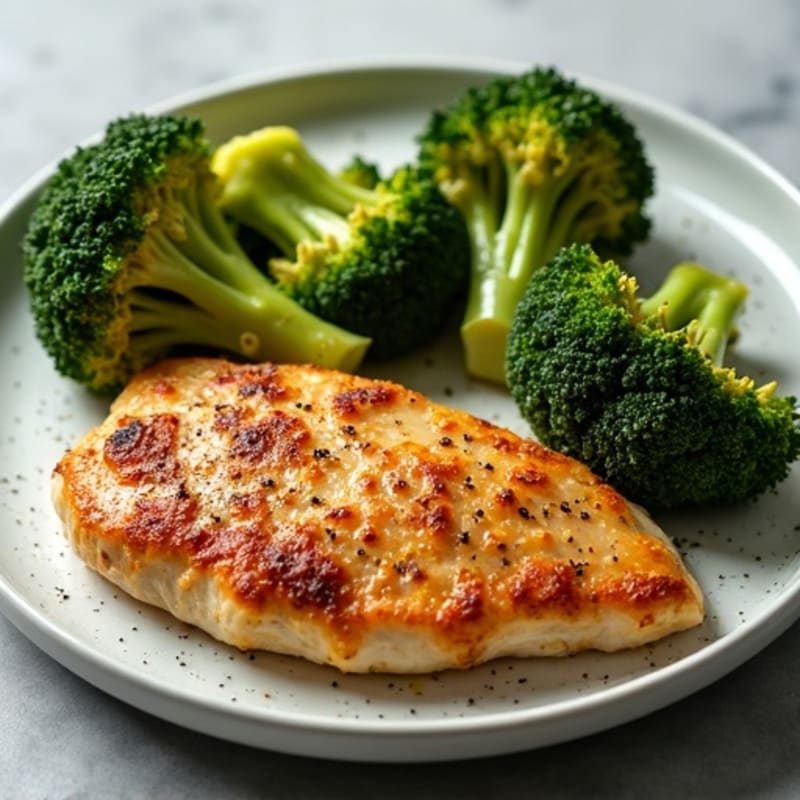 Crispy Pan-Seared Chicken Breast with Garlic Roasted Broccoli