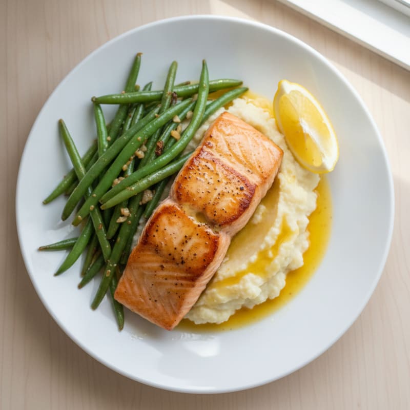 Seared Salmon with Garlic Green Beans and Cauliflower Mash
