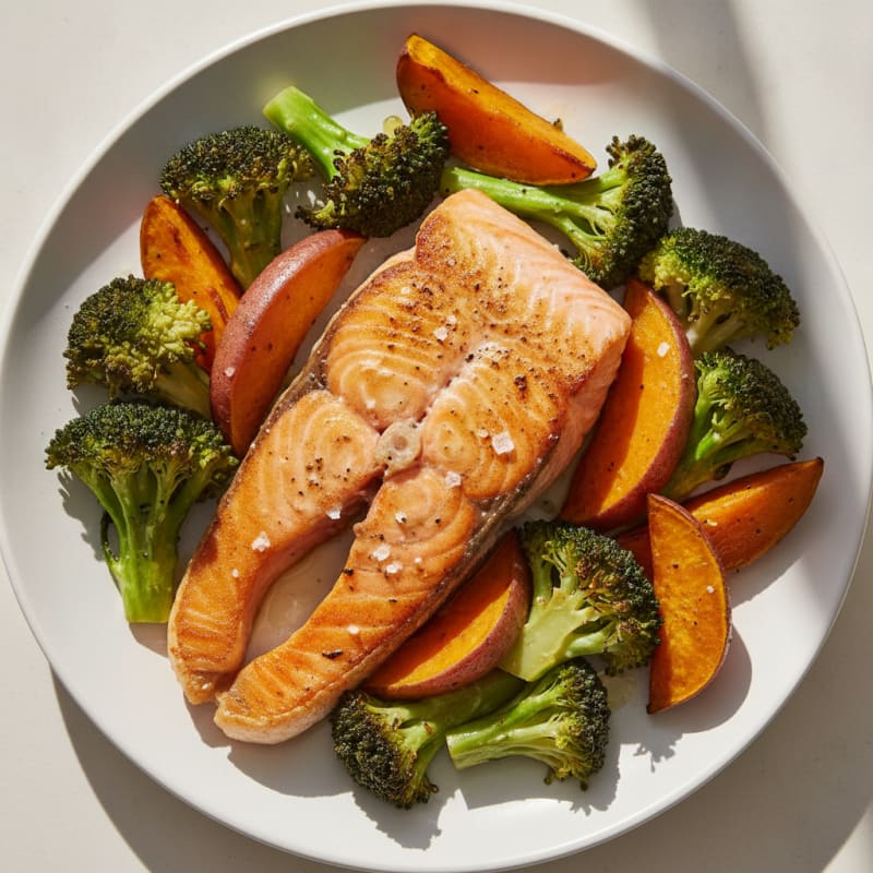 Seared Salmon with Roasted Broccoli and Sweet Potato