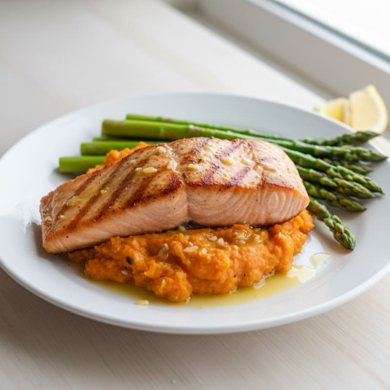 Seared Salmon with Steamed Asparagus and Garlic Mashed Sweet Potato