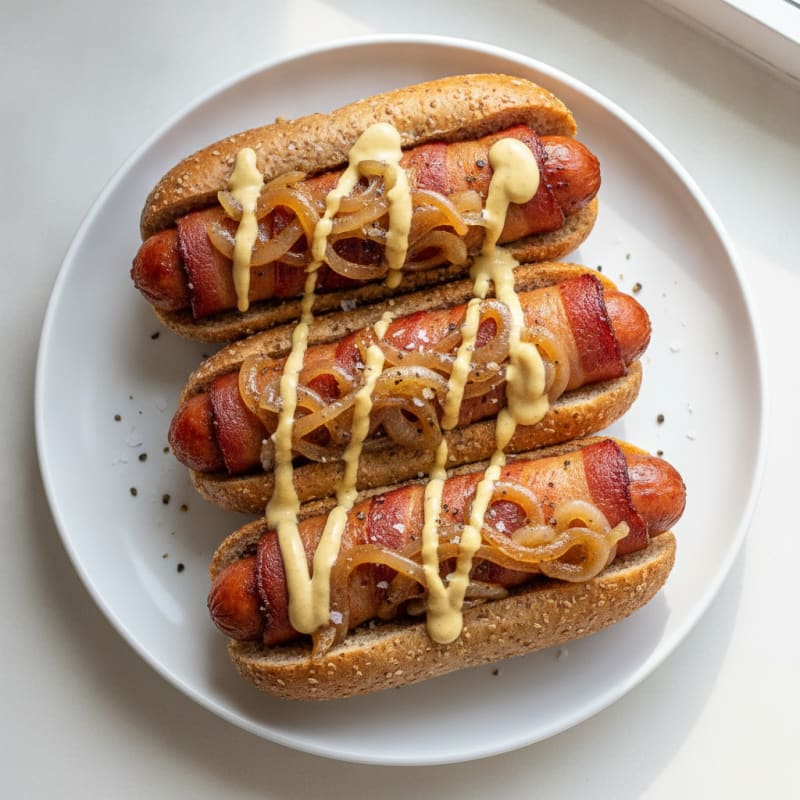 Bacon-Wrapped Hot Dogs with Caramelized Onions