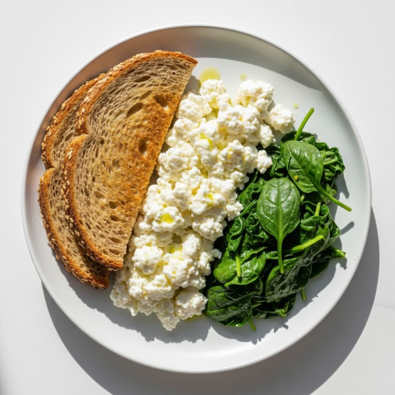 Cottage Cheese and Egg White Scramble with Sautéed Spinach