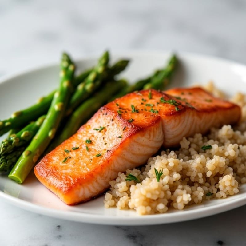 Seared Salmon Fillet with Steamed Asparagus and Brown Rice