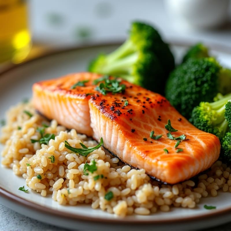 Seared Salmon with Steamed Broccoli and Brown Rice