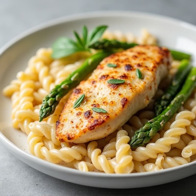 Creamy Garlic Chicken Pasta with Roasted Asparagus