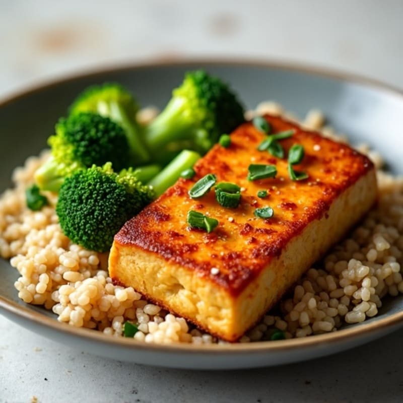 Crispy Baked Tofu with Garlic-Ginger Broccoli and Brown Rice