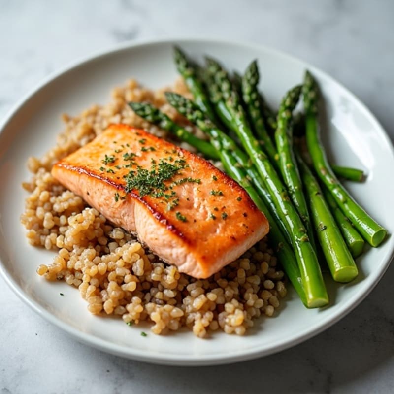 Grilled Salmon Fillet with Steamed Asparagus and Brown Rice
