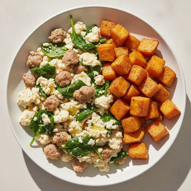 Egg White and Turkey Sausage Scramble with Spinach and Roasted Sweet Potatoes