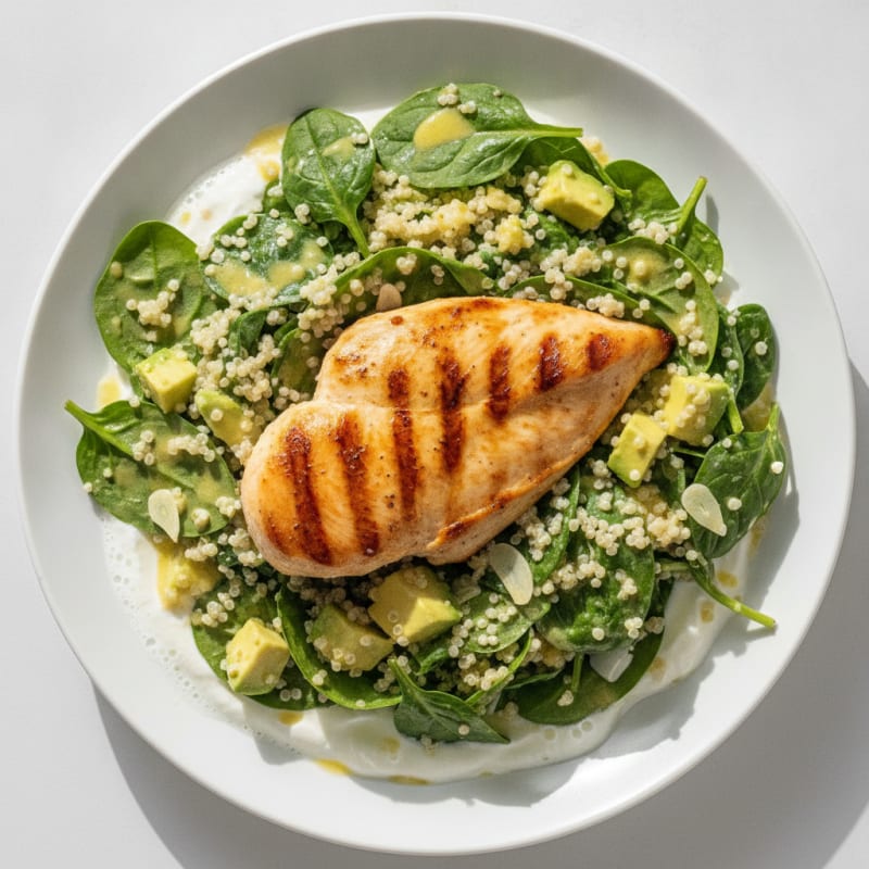 Grilled Chicken Breast with Creamy Quinoa Spinach Salad