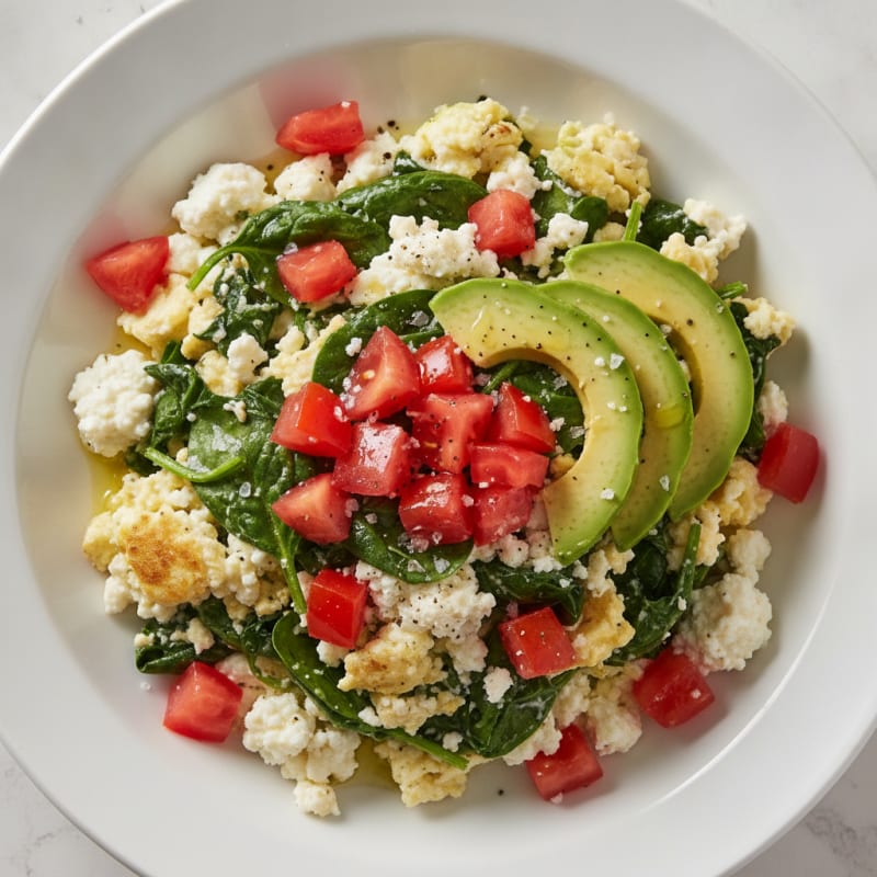 Egg White Spinach Scramble with Cottage Cheese and Fresh Tomatoes
