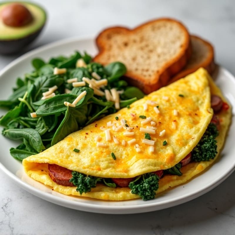 Egg White Omelette with Turkey Sausage and Sautéed Spinach