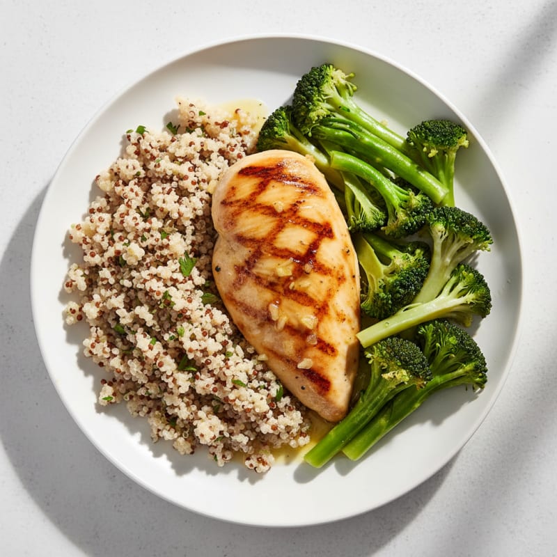 Grilled Lemon-Garlic Chicken Breast with Quinoa and Steamed Broccoli