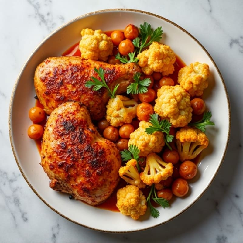 Sheet Pan Harissa Chicken with Crispy Chickpeas and Roasted Cauliflower