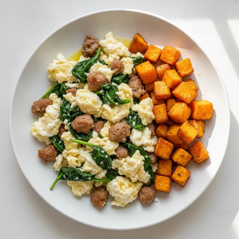 Egg White and Turkey Sausage Scramble with Spinach and Roasted Sweet Potato