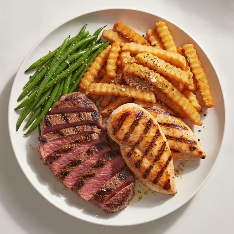 Grilled Steak and Chicken with Garlic Fries