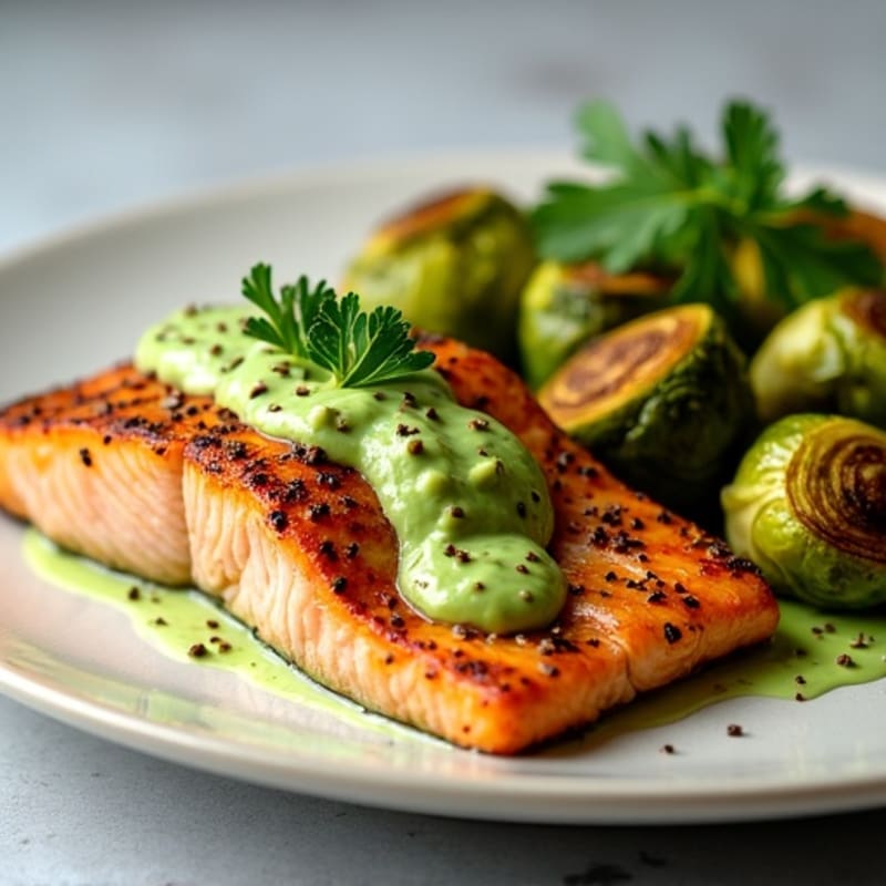 Blackened Salmon with Creamy Avocado Cilantro Dressing and Roasted Brussels Sprouts