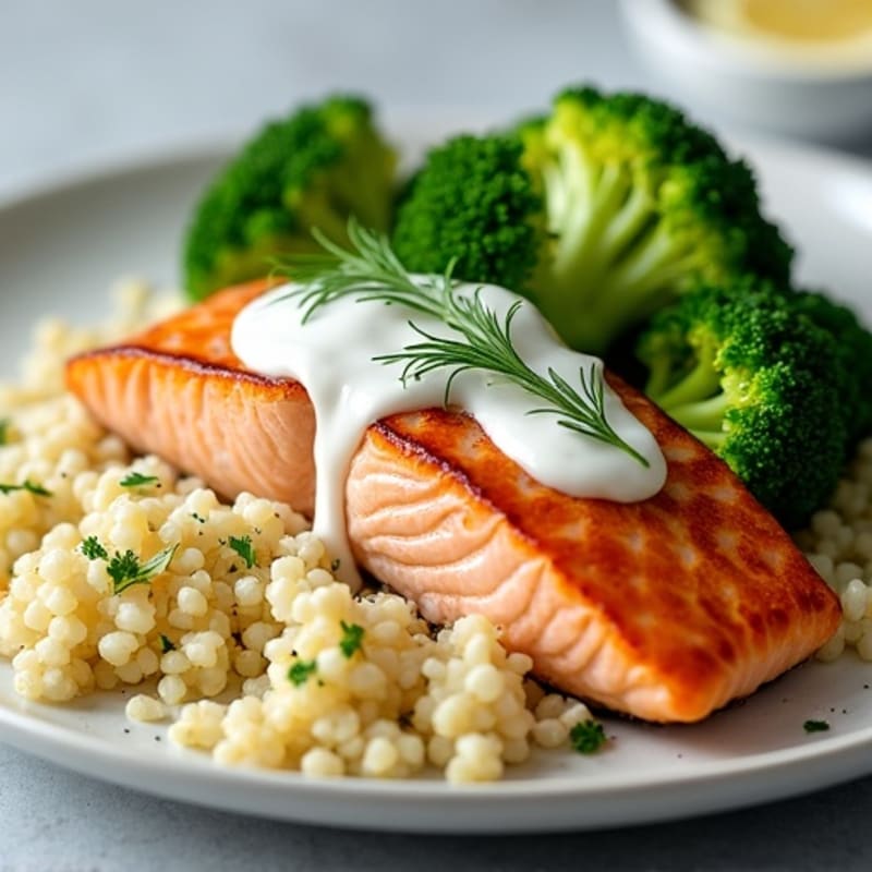 Seared Salmon Fillet with Steamed Broccoli, Quinoa & Greek Yogurt Dill Sauce