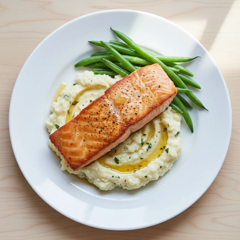 Seared Salmon with Steamed Green Beans and Garlic Mashed Cauliflower