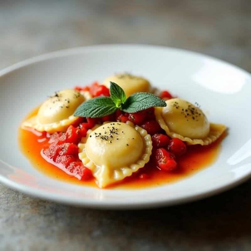 Spinach Ricotta Ravioli with Fresh Tomato Sauce and Crispy Sage