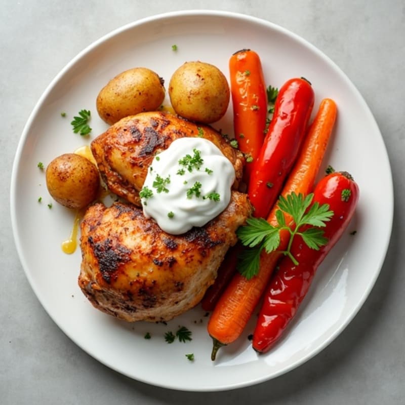 Roasted Chicken Thighs with Crispy Potatoes, Glazed Carrots, Fire-Roasted Peppers and Creamy Herb Yogurt