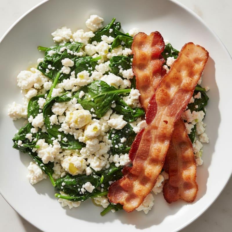 Egg White and Cottage Cheese Scramble with Sautéed Spinach and Turkey Bacon